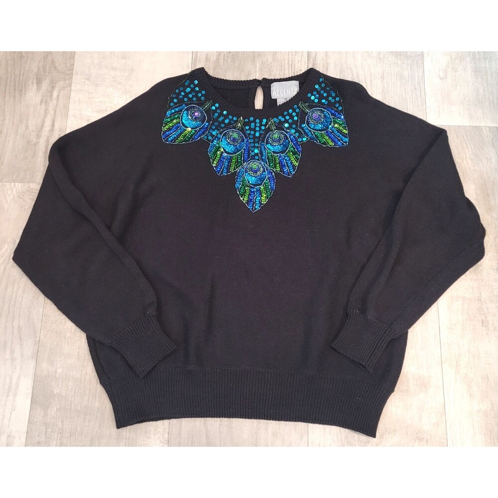 ACCENT Peacock Feather Sequin Embellished Sweater Size 1X Black Long Sleeve